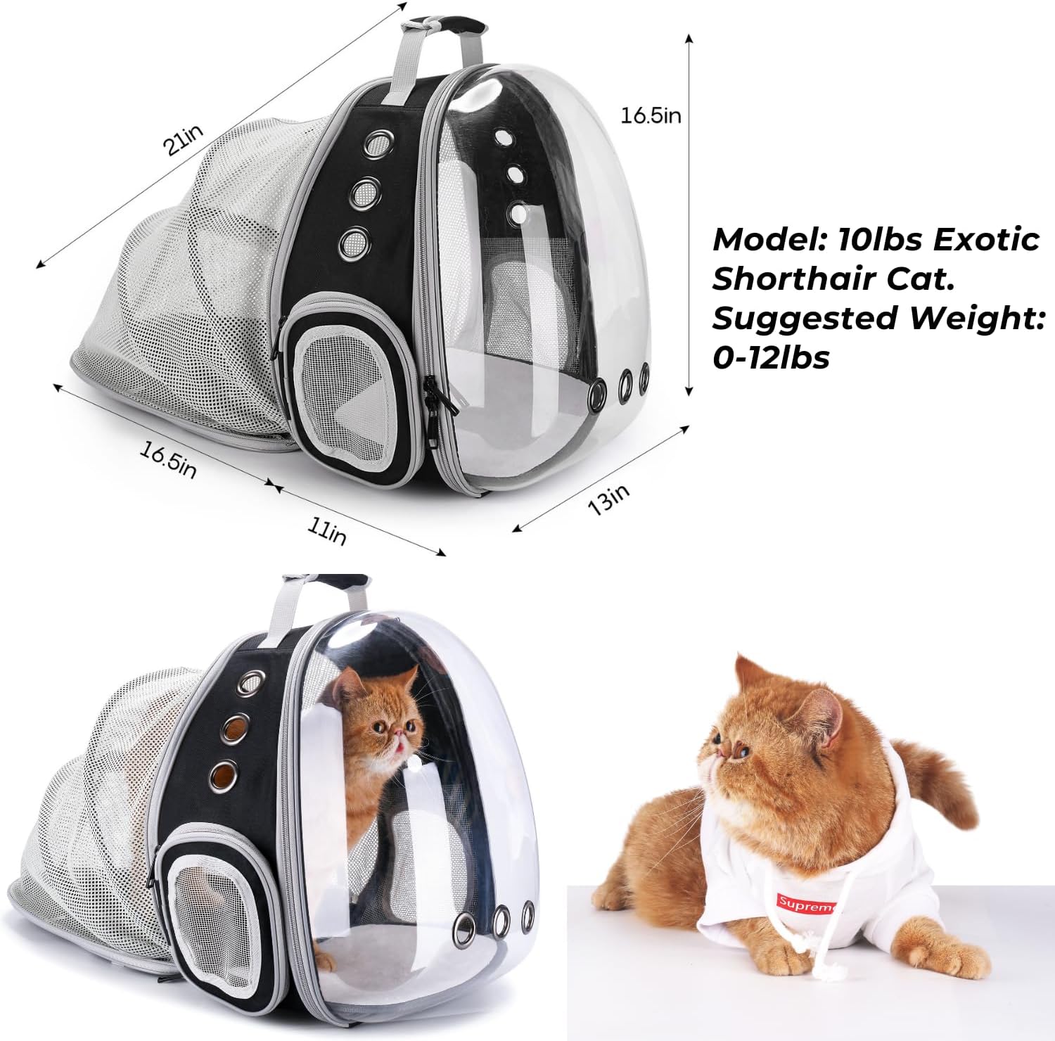 Cat Carrier Backpack, Expandable Bubble Pet Carrier for Cats and Small Dogs, Airline Approved Travel Backpack for Hiking, Walking & Outdoor Adventures - Supports up to 16 lbs.